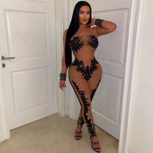 SEQUIN JUMPSUIT WITH NUDE MESH EMBROIDERY